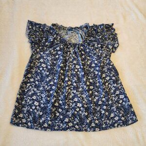 Old Navy Navy and White Floral Ruffle Neck Top